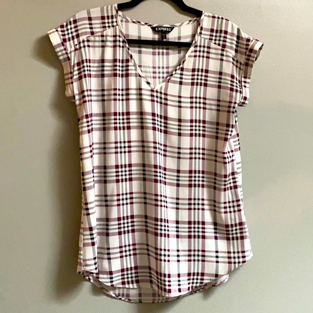 Express V-Neck Top, Burgundy and White Plaid